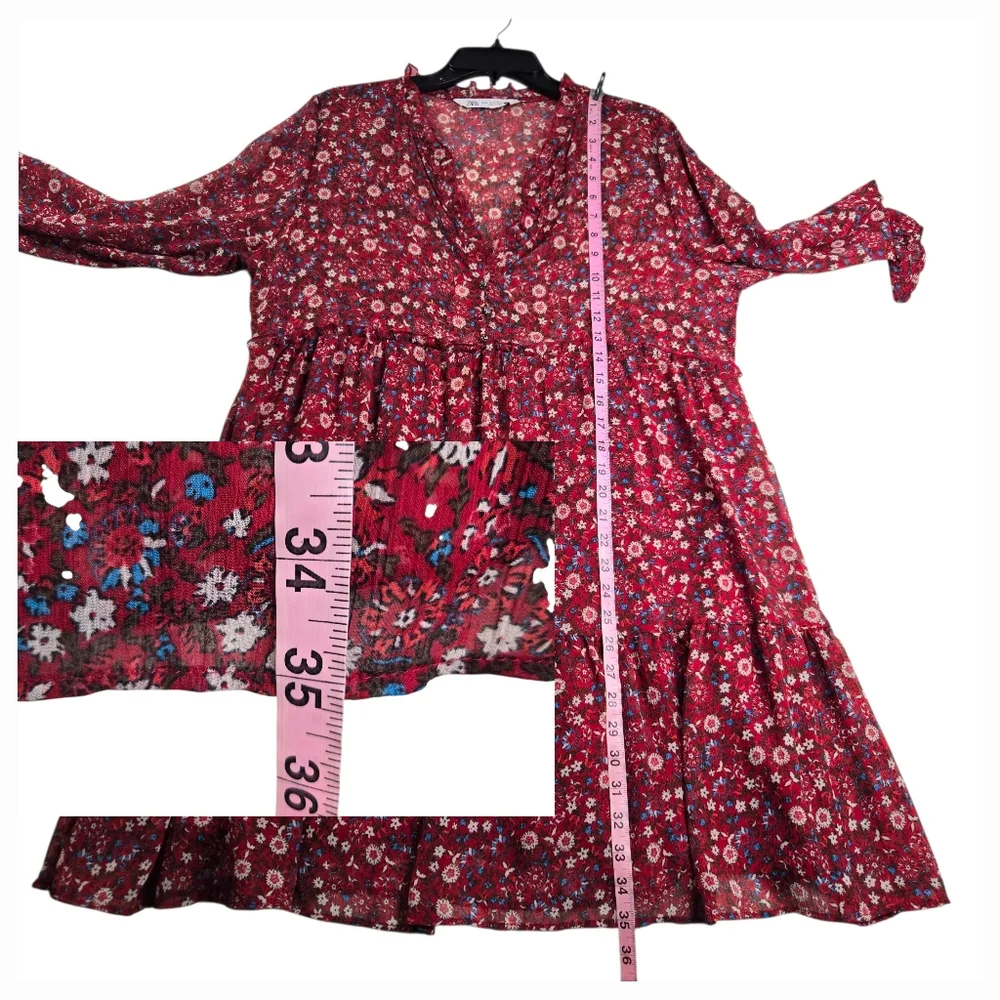 Zara Red Floral V-Neck Long Sleeve Semi Sheer Tiered Mini Babydoll Dress XL - Picture 16 of 16